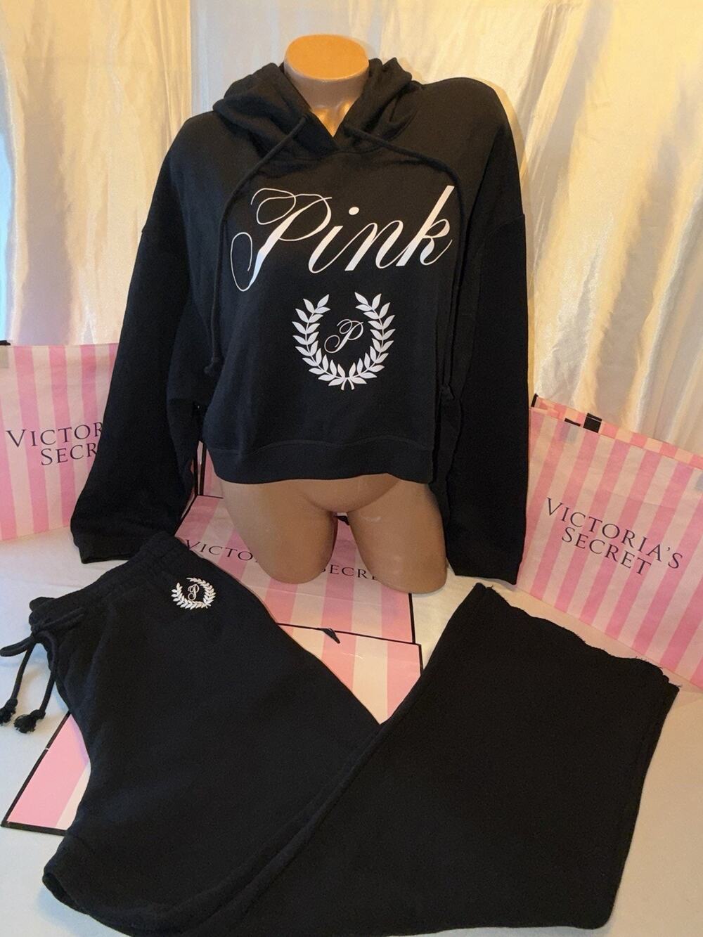 Victorias Secret Pink Hoodie Cropped & Flare Leg Pants Set XXL Black